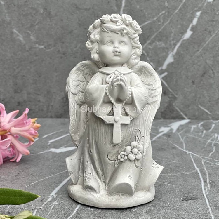 aniołek z wianuszkiem i krzyżem figurka komunijna szary 13 cm.jpg