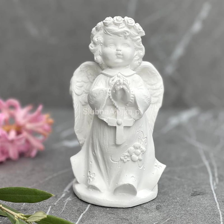 aniołek z wianuszkiem i krzyżem figurka komunijna Biały 13 cm.jpg