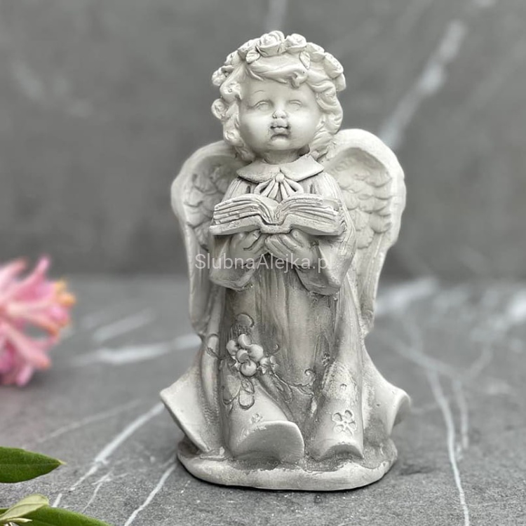 Aniołek z pismem sw. figurka komunijna szary 13 cm.2.jpg