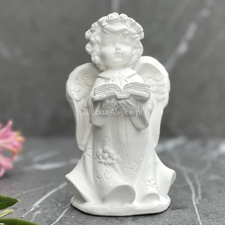 Aniołek z pismem sw. figurka komunijna bialy 13 cm..jpg