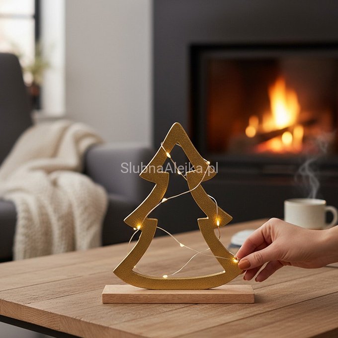 Choinka Świąteczna Złota na Podstawie z Drzewa Mango 16 cm.jpg