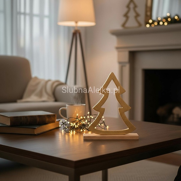 Choinka Świąteczna Złota na Podstawie z Drzewa Mango 16 cm 1.jpg