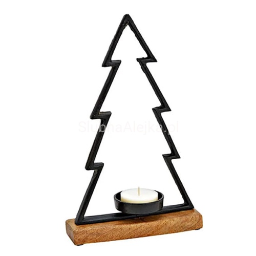 Świecznik Choinka Czarny na Drewnianej Podstawie 33 cm.jpg