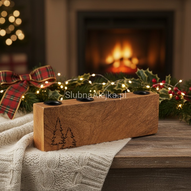 Świecznik świąteczny z Drewna Mango – Grawerowane Choinki 25 cm.jpg