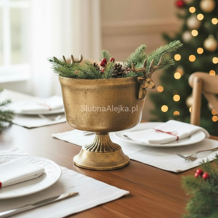 puchar dekoracyjny złoty z głowami reniferów 23 cm.3.jpg