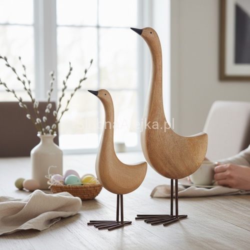 Gęs wielkanocna figurka dekoracyjna z drzewa mango na metalowych nóżkach.2.jpg