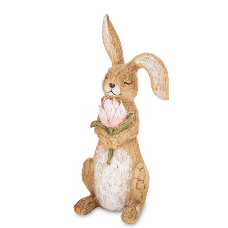 figurka zajac wielkanocny brazowy 30 cm z rozowym tulipanem.jpg