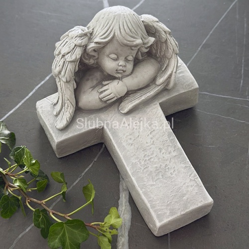 Aniolek na krzyzu dekoracja nagrobna Szary 16x12 cm.jpg