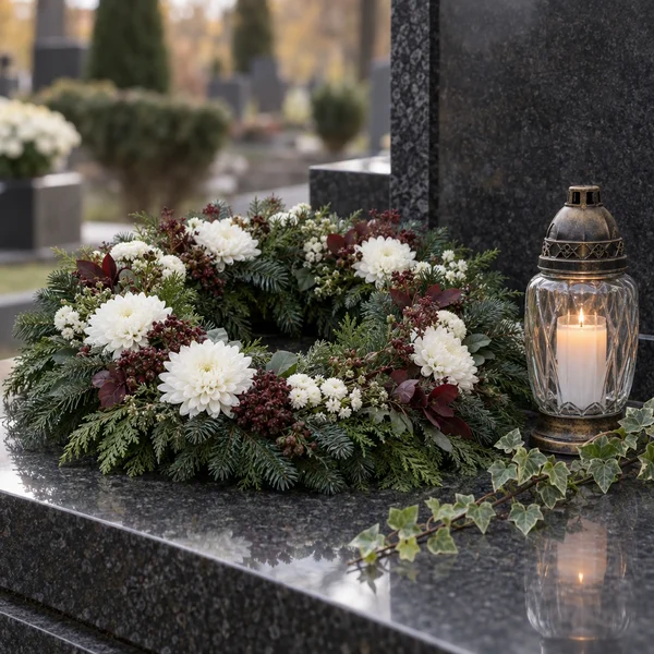 Dekoracja nagrobna z wieńcem, białymi chryzantemami i lampionem