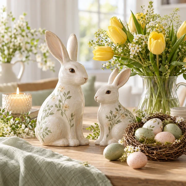 Wielkanocna aranżacja z ceramicznymi zajączkami, pisankami i tulipanami