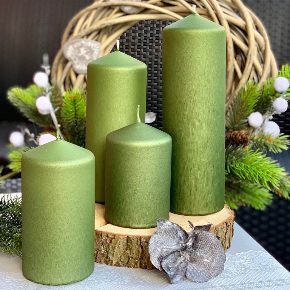 Świeca Ozdobna Pieńkowa Opalizowana Zielona 15cm Φ 8cm