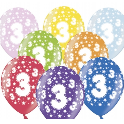 Balony Mix kolorów 3-cie Urodziny 6 szt.
